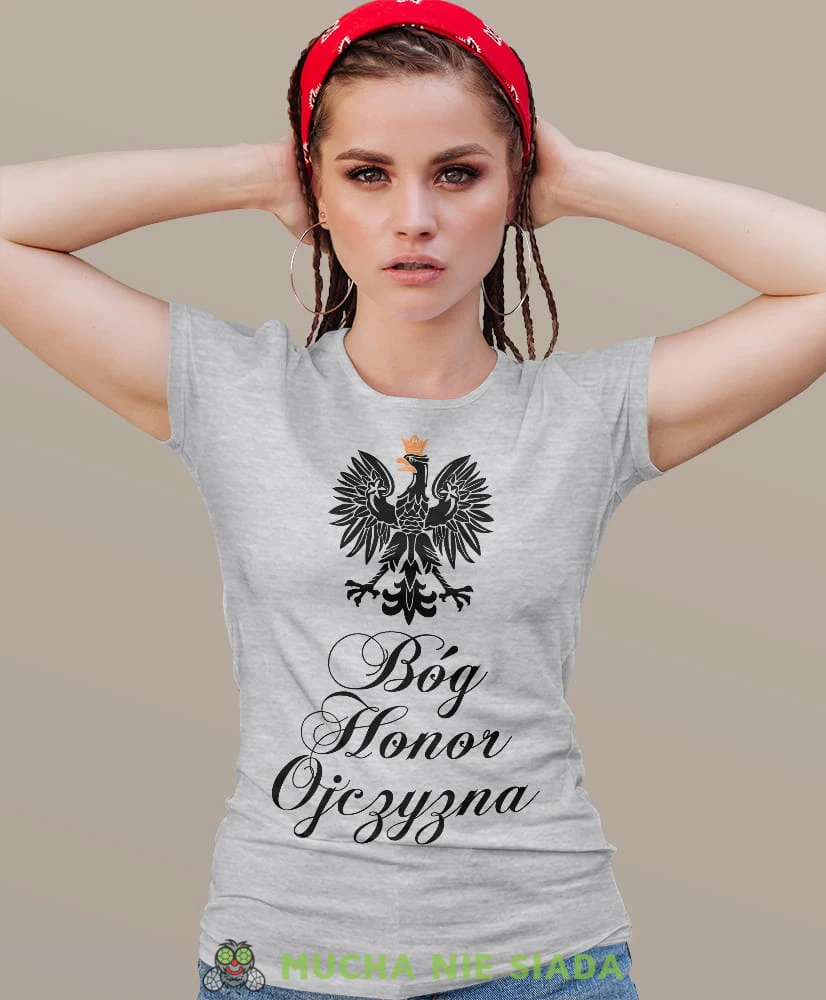 Bóg Honor Ojczyzna Orzeł Polski szara damska koszulka patriotyczna, patriotka, koszulka dla niej, dla dziewczyny, koszulka na prezent.jpg