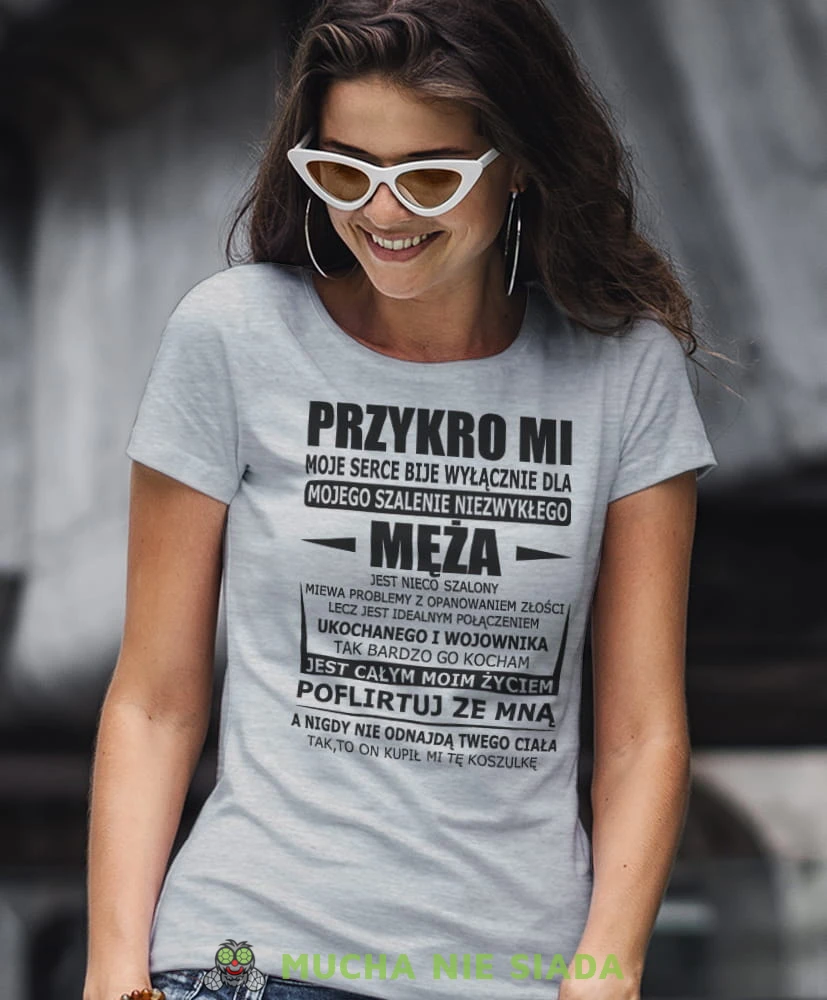 przykro mi moje serce bije wyłącznie dla mojego męża szara damska koszulka dla żony z nadrukiem na prezent na urodziny.jpg