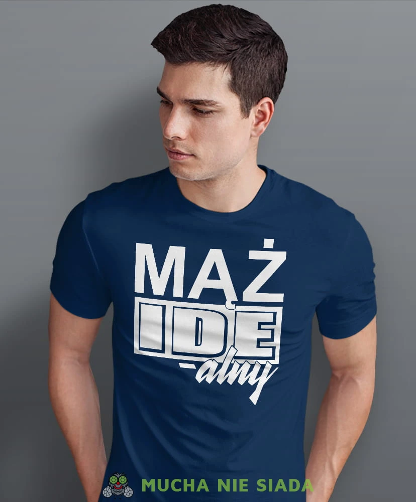mąż idealny granatowa męska koszulka z nadrukiem dla męża, na co dzień, na prezent, fajna koszulka.jpg