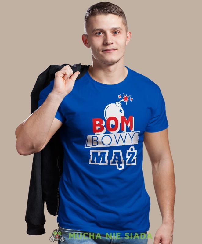 bombowy mąż niebieska męska koszulka z nadrukiem dla męża, na co dzień, na prezent, fajna koszulka.jpg
