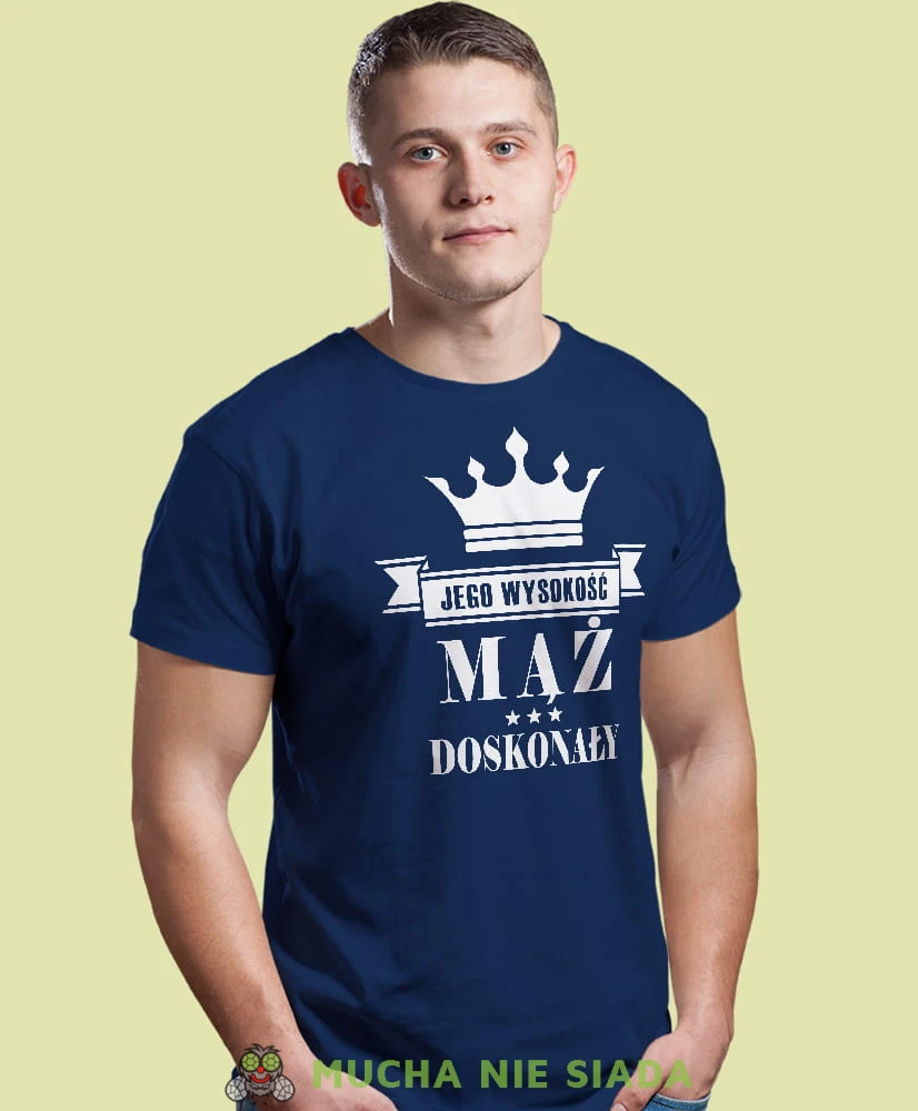 jego wysokość mąż doskonały granatowa męska koszulka z nadrukiem dla męża, na co dzień, na prezent, fajna koszulka.jpg