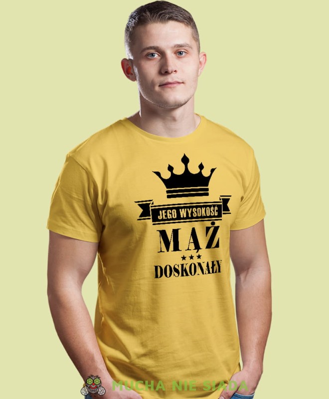jego wysokość mąż doskonały żółta męska koszulka z nadrukiem dla męża, na co dzień, na prezent, fajna koszulka.jpg