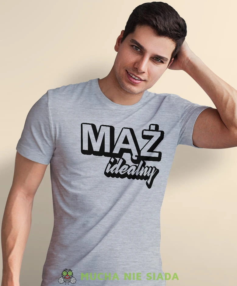mąż - idealny szara męska koszulka z nadrukiem dla męża, na co dzień, na prezent, fajna koszulka.jpg