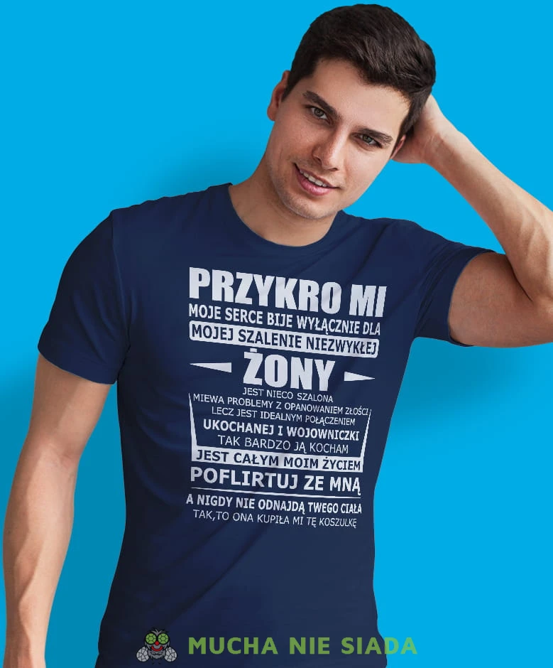 przykro mi moje serce bije wyłącznie dla mojej żony granatowa męska koszulka z nadrukiem dla męża, na co dzień, na prezent, fajna koszulka.jpg