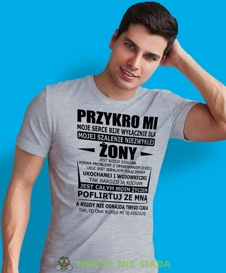 przykro mi moje serce bije wyłącznie dla mojej żony szara męska koszulka z nadrukiem dla męża, na co dzień, na prezent, fajna koszulka.jpg