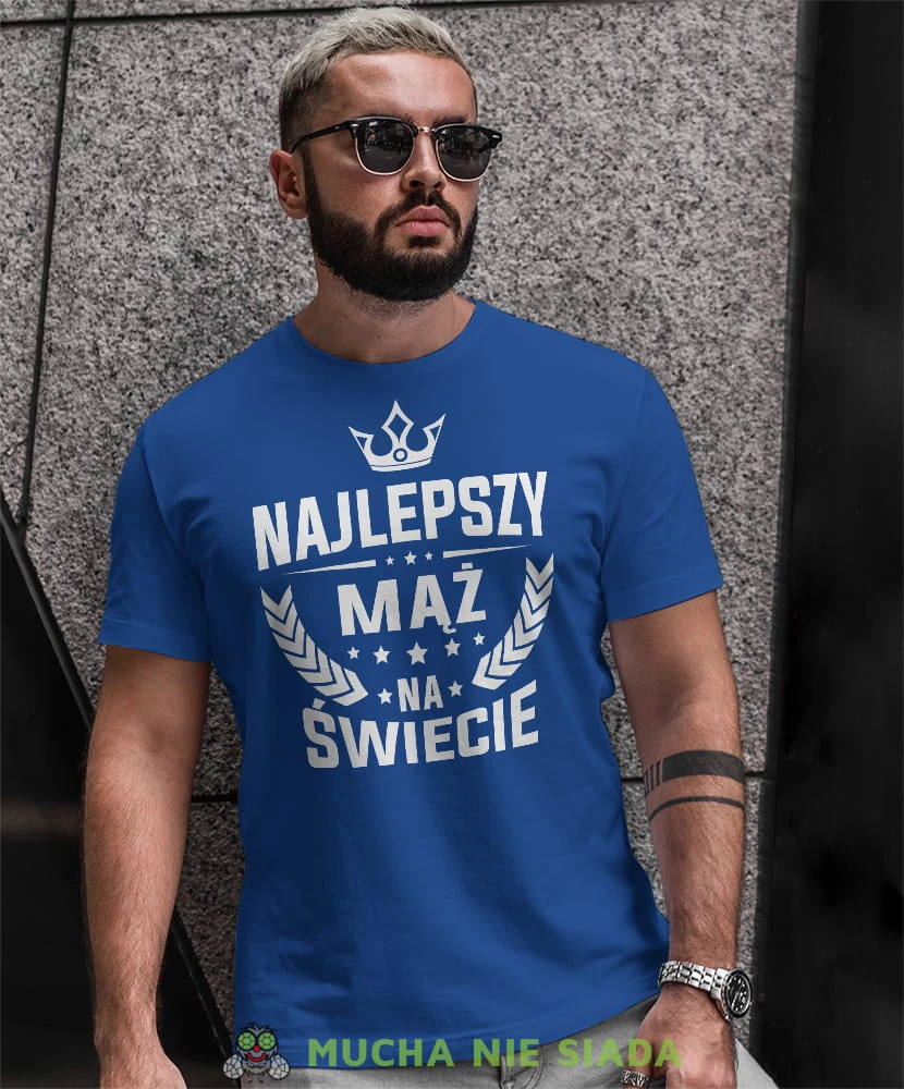 najlepszy mąż na świecie korona, niebieska męska koszulka z nadrukiem dla męża, na co dzień, na prezent, fajna koszulka.jpg