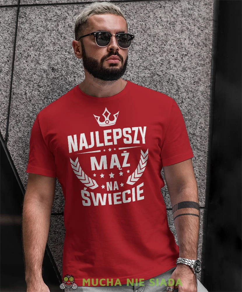 najlepszy mąż na świecie korona, czerwona męska koszulka z nadrukiem dla męża, na co dzień, na prezent, fajna koszulka.jpg