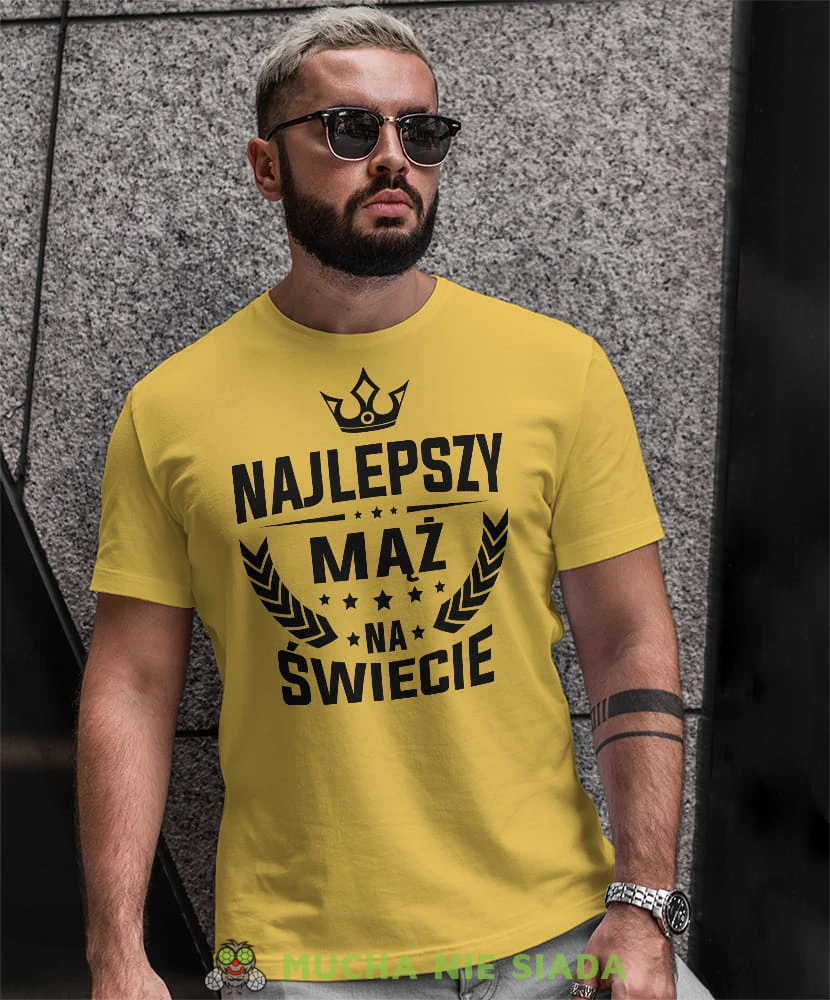 najlepszy mąż na świecie korona, żółta męska koszulka z nadrukiem dla męża, na co dzień, na prezent, fajna koszulka.jpg