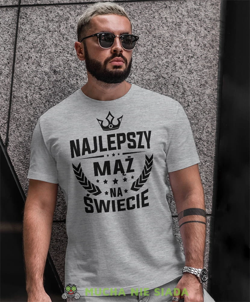najlepszy mąż na świecie korona, szara męska koszulka z nadrukiem dla męża, na co dzień, na prezent, fajna koszulka.jpg