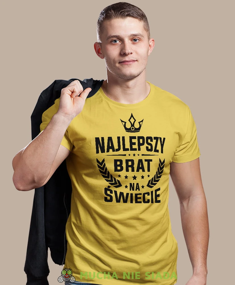 najlepszy brat na świecie korona, żółta męska koszulka dla brata, koszulka z nadrukiem, na prezent, na urodziny.jpg
