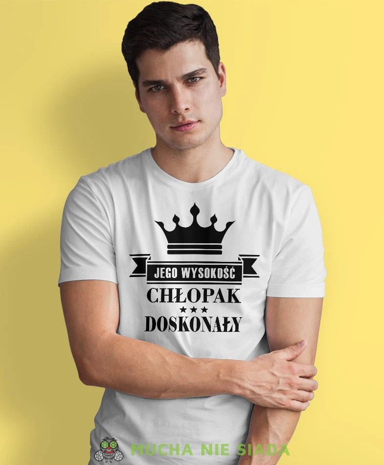 jego wysokość chłopak doskonały, biała męska koszulka dla chłopaka, koszulka z nadrukiem, na prezent, na urodziny.jpg