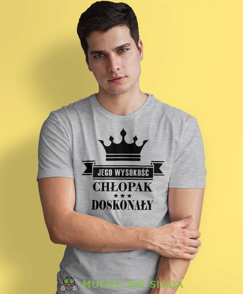 jego wysokość chłopak doskonały, szara męska koszulka dla chłopaka, koszulka z nadrukiem, na prezent, na urodziny.jpg