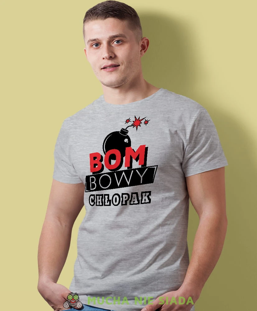 bombowy chłopak, szara męska koszulka dla chłopaka, koszulka z nadrukiem, na prezent, na urodziny.jpg