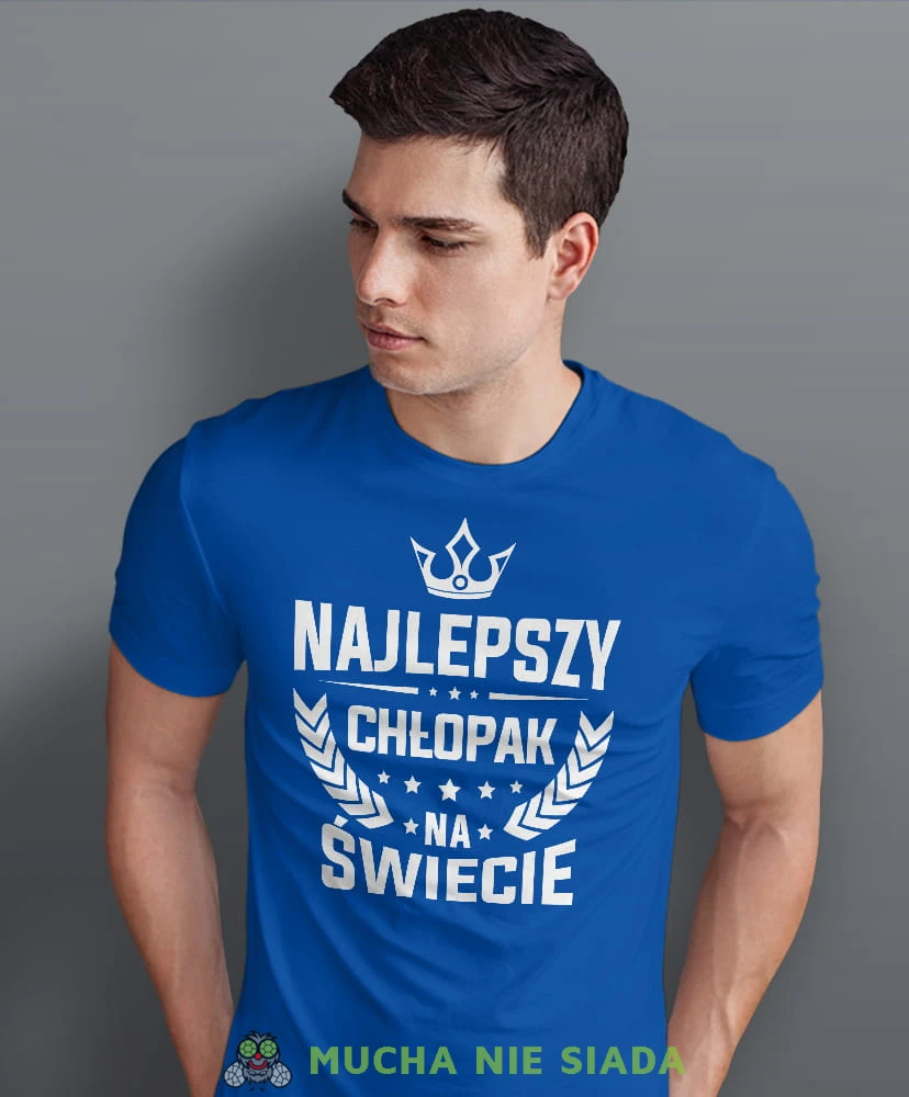 najlepszy chłopak na świecie korona, niebieska męska koszulka dla chłopaka, koszulka z nadrukiem, na prezent, na urodziny.jpg