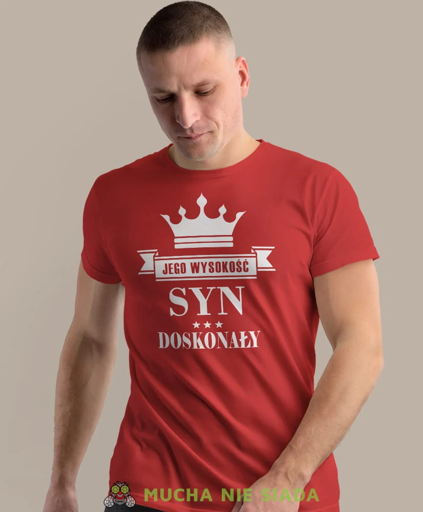 jego wysokość syn doskonały, czerwona męska koszulka dla syna, koszulka z nadrukiem, na prezent, na urodziny.jpg
