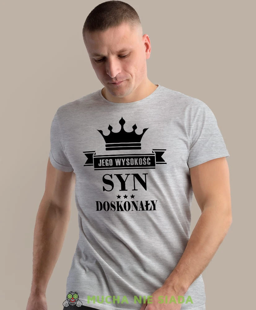 jego wysokość syn doskonały, szara męska koszulka dla syna, koszulka z nadrukiem, na prezent, na urodziny.jpg