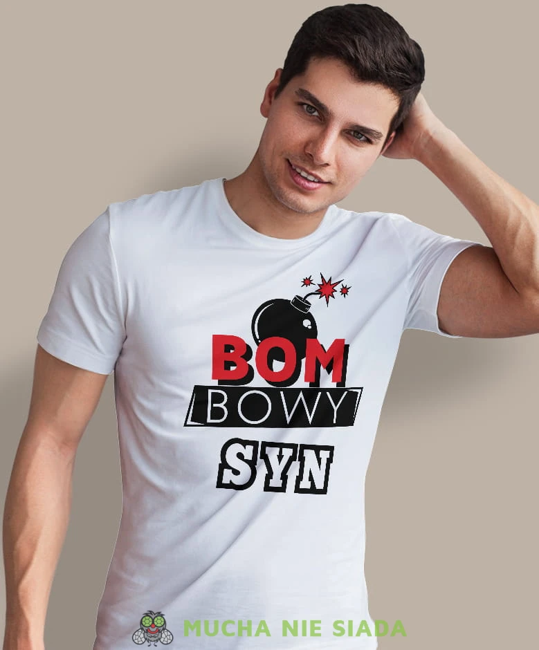 bombowy syn, biała męska koszulka dla syna, koszulka z nadrukiem, na prezent, na urodziny.jpg