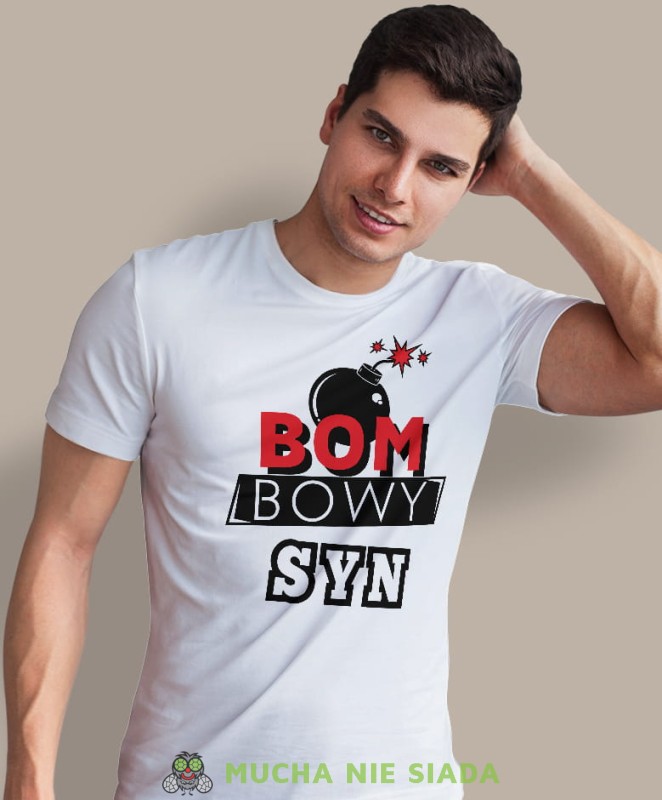 bombowy syn, biała męska koszulka dla syna, koszulka z nadrukiem, na prezent, na urodziny.jpg