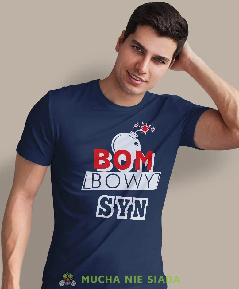 bombowy syn, granatowa męska koszulka dla syna, koszulka z nadrukiem, na prezent, na urodziny.jpg