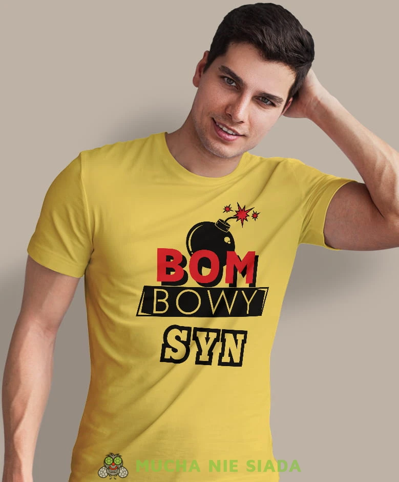 bombowy syn, żółta męska koszulka dla syna, koszulka z nadrukiem, na prezent, na urodziny.jpg