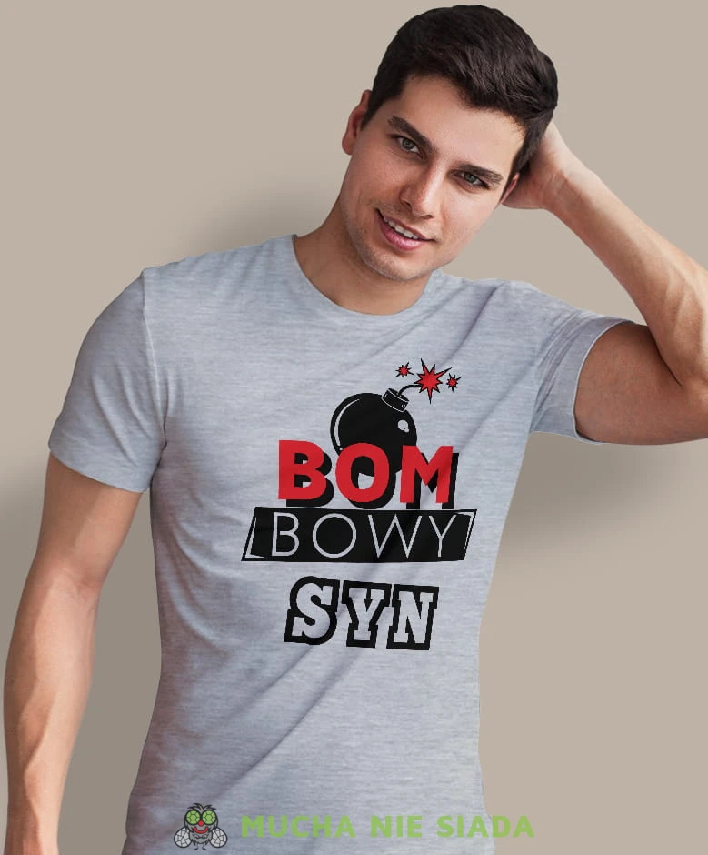 bombowy syn, szara męska koszulka dla syna, koszulka z nadrukiem, na prezent, na urodziny.jpg