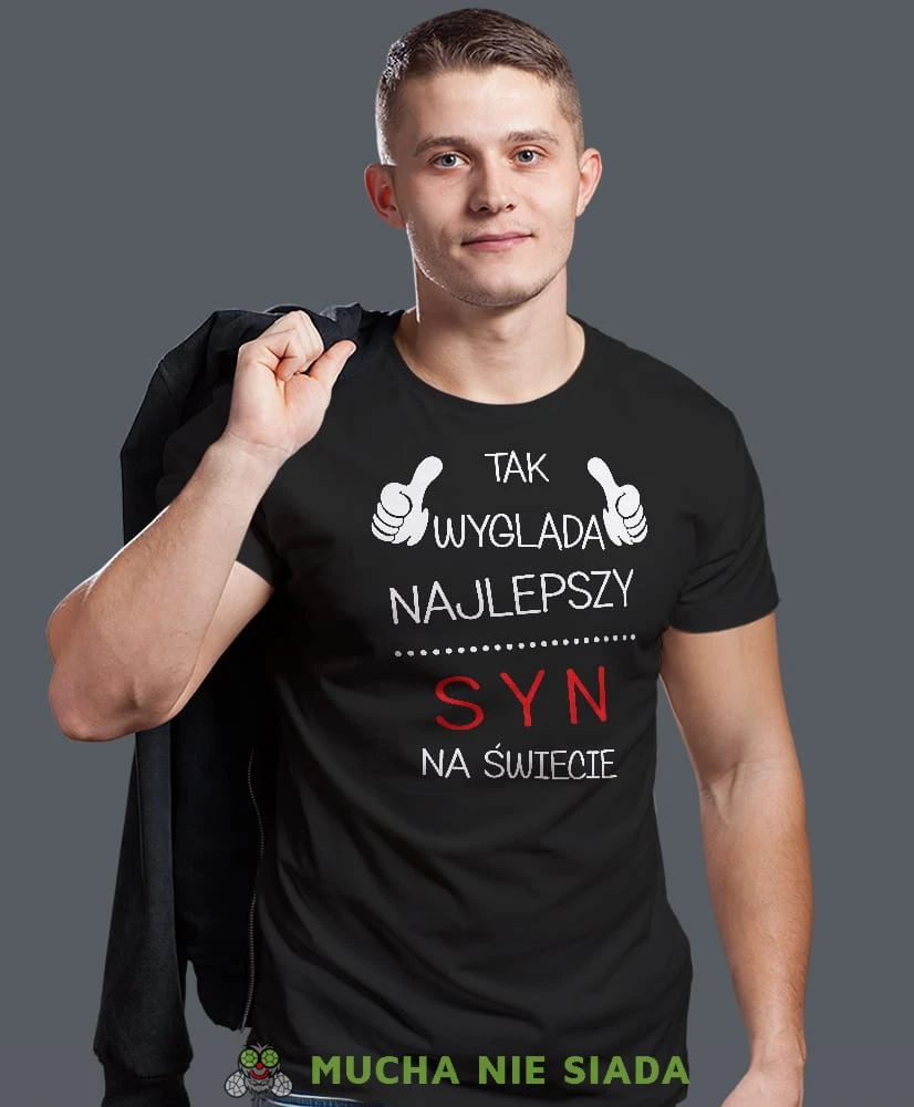 tak wygląda najlepszy syn na świecie, czarna męska koszulka dla syna, koszulka z nadrukiem, na prezent, na urodziny.jpg