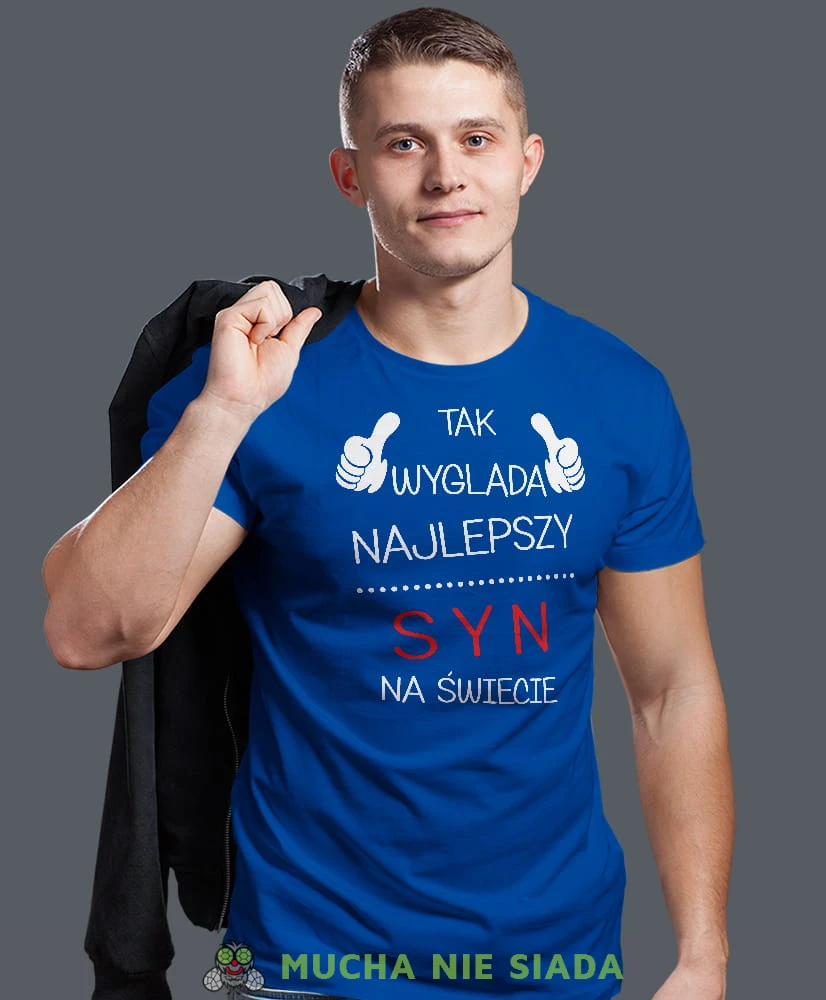 tak wygląda najlepszy syn na świecie, niebieska męska koszulka dla syna, koszulka z nadrukiem, na prezent, na urodziny.jpg