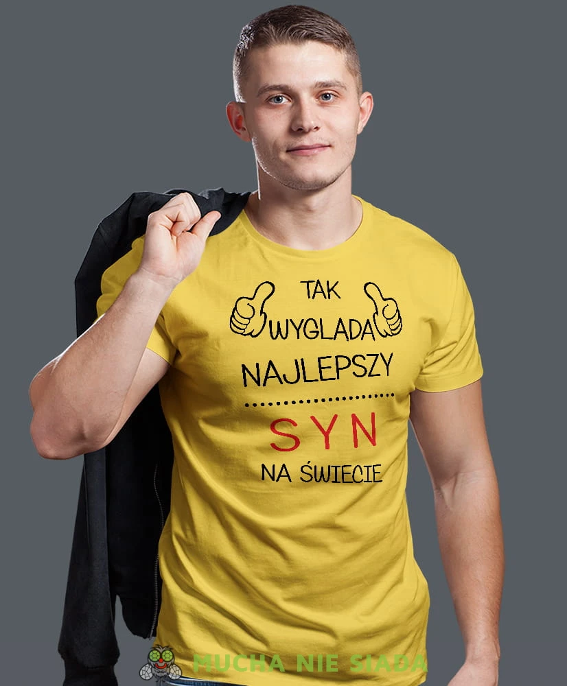 tak wygląda najlepszy syn na świecie, żółta męska koszulka dla syna, koszulka z nadrukiem, na prezent, na urodziny.jpg
