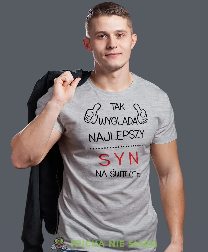 tak wygląda najlepszy syn na świecie, szara męska koszulka dla syna, koszulka z nadrukiem, na prezent, na urodziny.jpg