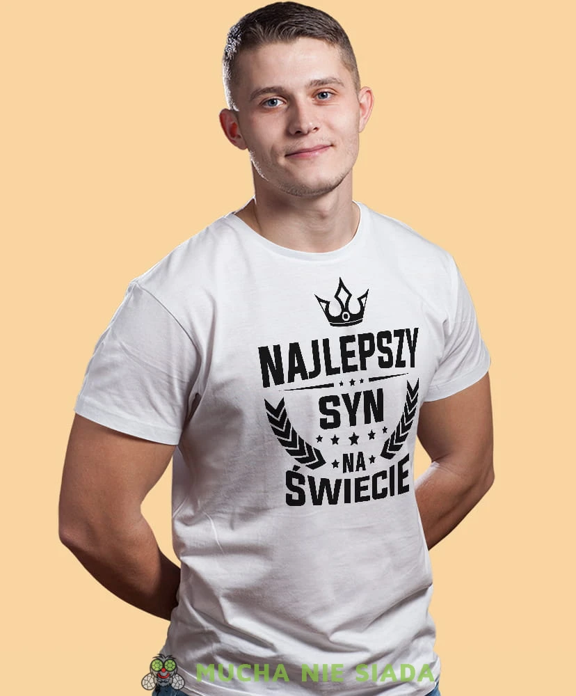 najlepszy syn na świecie korona, biała męska koszulka dla syna, koszulka z nadrukiem, na prezent, na urodziny.jpg