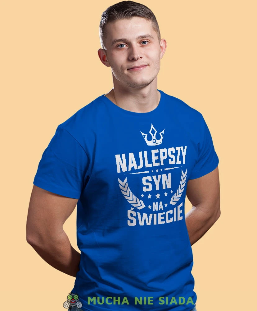 najlepszy syn na świecie korona, niebieska męska koszulka dla syna, koszulka z nadrukiem, na prezent, na urodziny.jpg