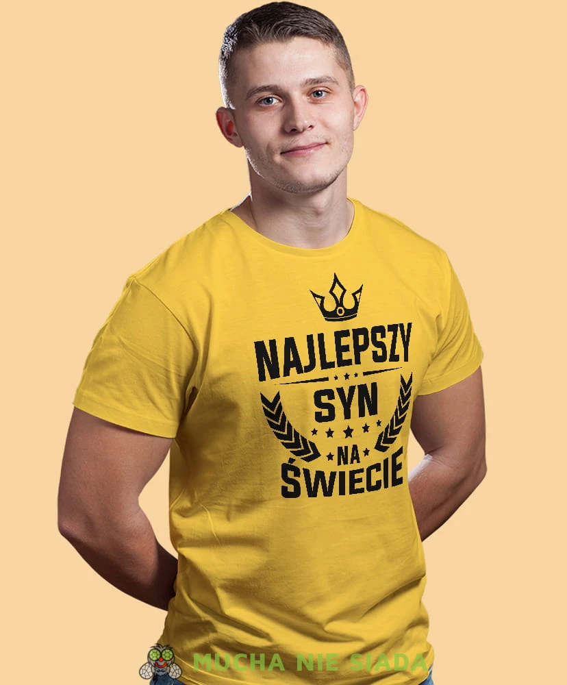 najlepszy syn na świecie korona, żółta męska koszulka dla syna, koszulka z nadrukiem, na prezent, na urodziny.jpg