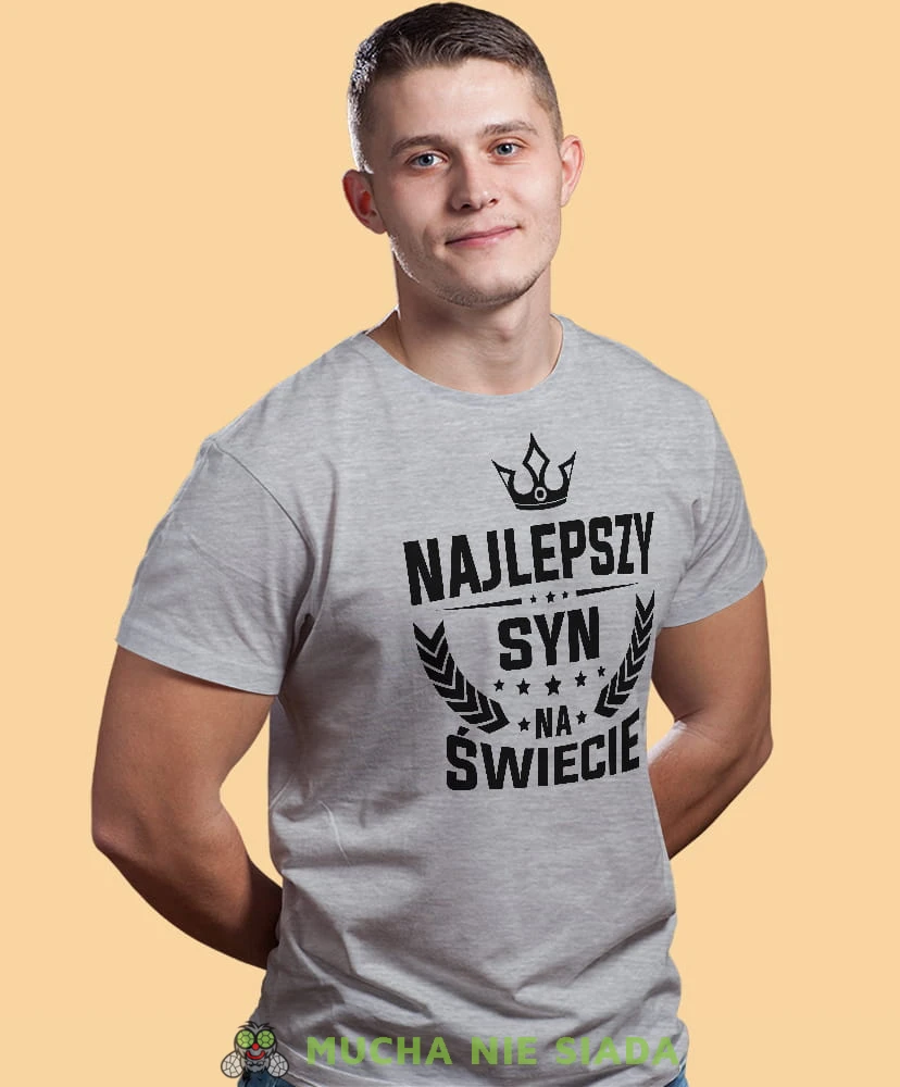najlepszy syn na świecie korona, szara męska koszulka dla syna, koszulka z nadrukiem, na prezent, na urodziny.jpg