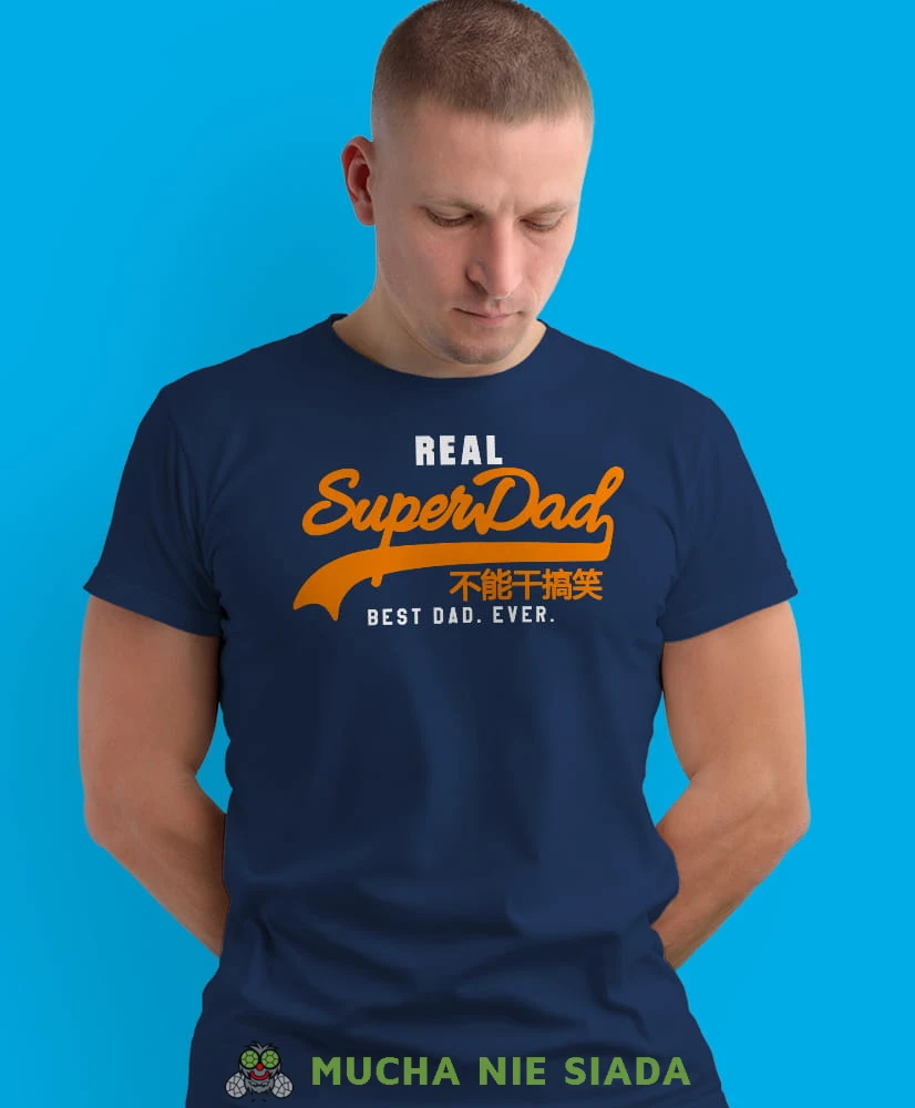 real superdad best dad ever, granatowa męska koszulka dla taty, koszulka z nadrukiem, na prezent, na urodziny.jpg
