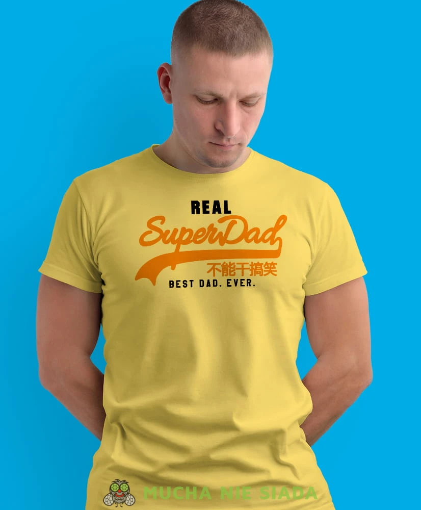 real superdad best dad ever, żółta męska koszulka dla taty, koszulka z nadrukiem, na prezent, na urodziny.jpg