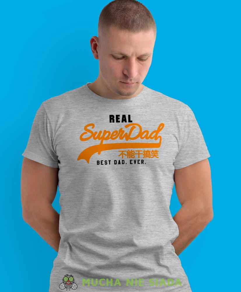 real superdad best dad ever, szara męska koszulka dla taty, koszulka z nadrukiem, na prezent, na urodziny.jpg