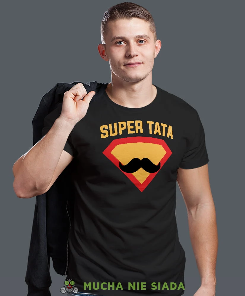 super tata wąsy, czarna męska koszulka dla taty, koszulka z nadrukiem, na prezent, na urodziny.jpg