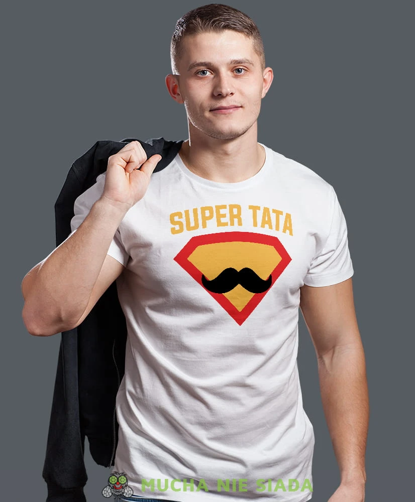 super tata wąsy, biała męska koszulka dla taty, koszulka z nadrukiem, na prezent, na urodziny.jpg
