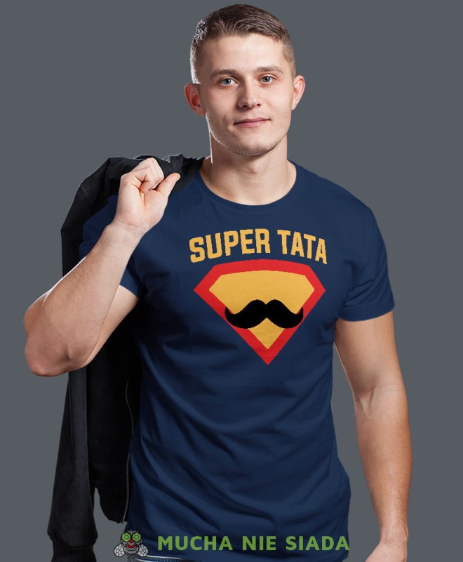 super tata wąsy, granatowa męska koszulka dla taty, koszulka z nadrukiem, na prezent, na urodziny.jpg