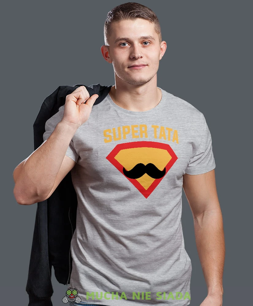 super tata wąsy, szara męska koszulka dla taty, koszulka z nadrukiem, na prezent, na urodziny.jpg