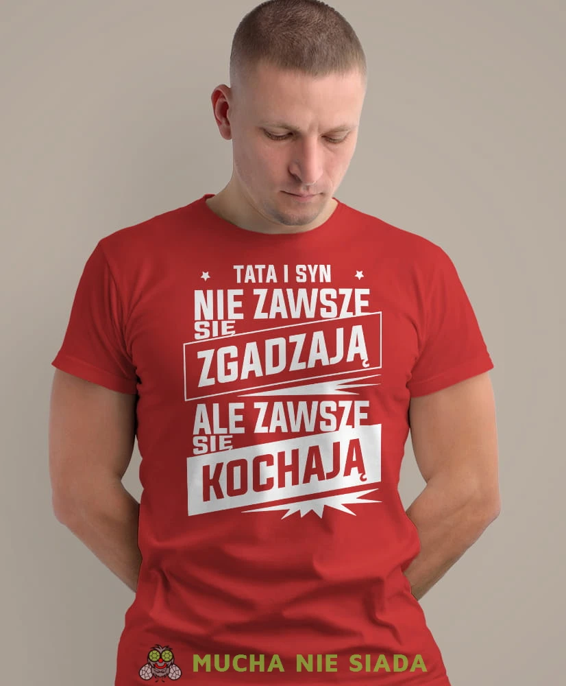 tata i syn nie zawsze się zgadzają ale zawsze się kochają, czerwona męska koszulka dla taty, koszulka z nadrukiem, na prezent, na urodziny.jpg