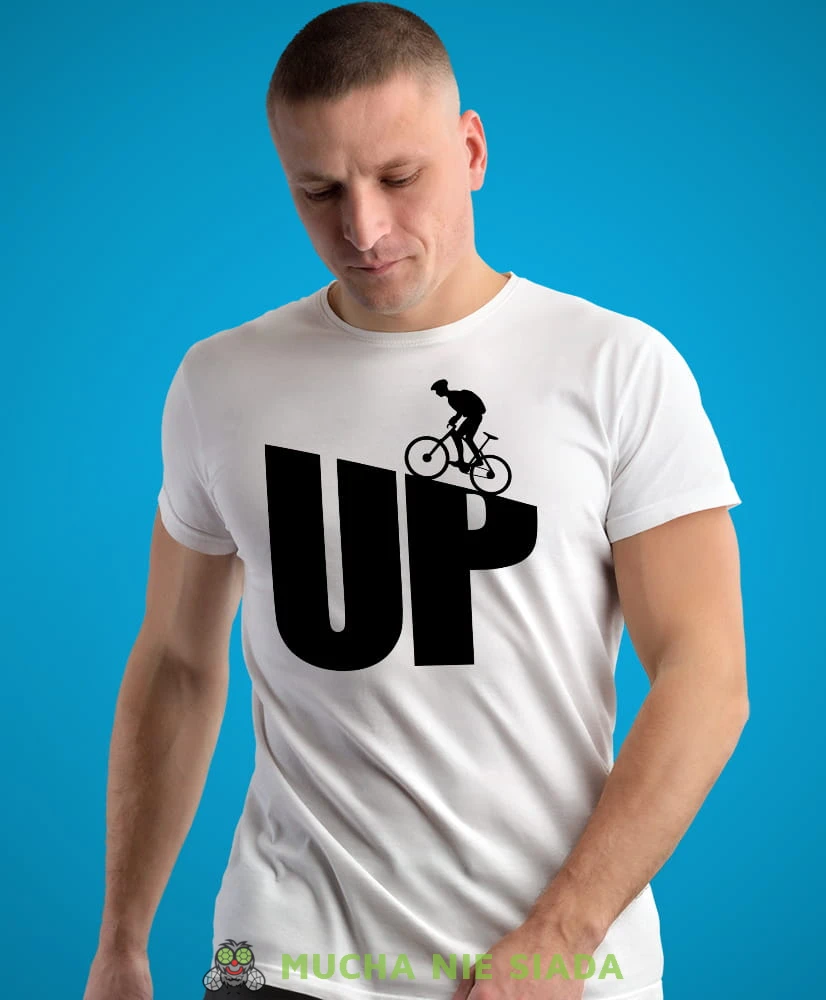 UP, biała męska koszulka rowerowa z nadrukiem, na rower, na co dzień, na prezent, fajna koszulka dla chłopaka, rower, rowerzysta.jpg