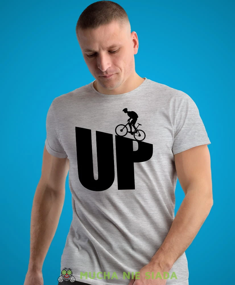 UP, szara męska koszulka rowerowa z nadrukiem, na rower, na co dzień, na prezent, fajna koszulka dla chłopaka, rower, rowerzysta.jpg
