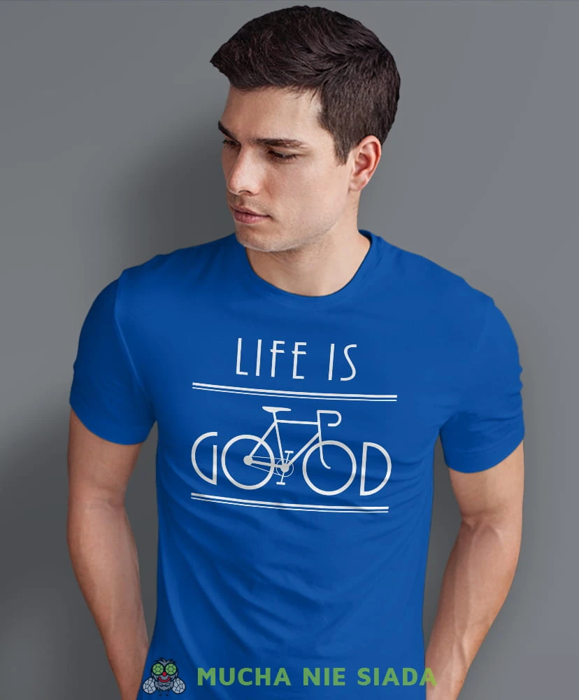 life is good, niebieska męska koszulka rowerowa z nadrukiem, na rower, na co dzień, na prezent, fajna koszulka dla chłopaka, rower, rowerzysta.jpg