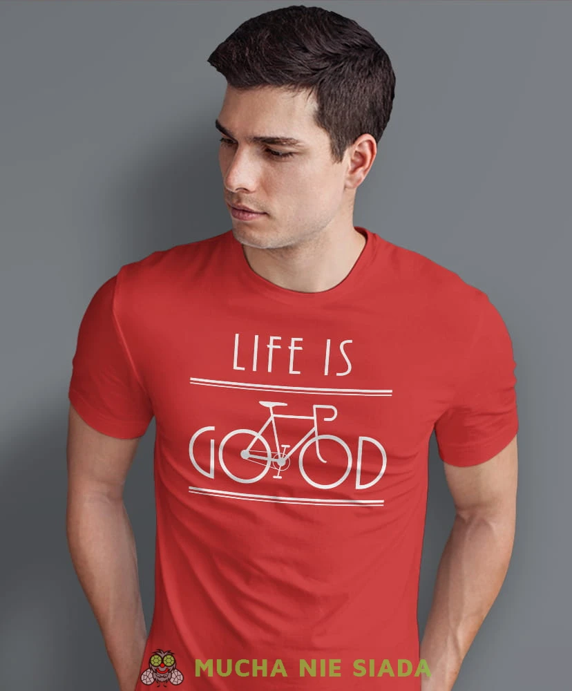 life is good, czerwona męska koszulka rowerowa z nadrukiem, na rower, na co dzień, na prezent, fajna koszulka dla chłopaka, rower, rowerzysta.jpg
