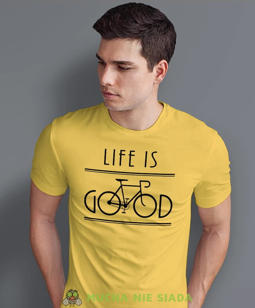 life is good, żółta męska koszulka rowerowa z nadrukiem, na rower, na co dzień, na prezent, fajna koszulka dla chłopaka, rower, rowerzysta.jpg