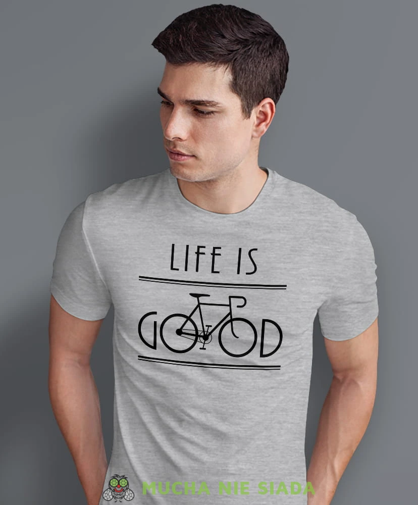 life is good, szara męska koszulka rowerowa z nadrukiem, na rower, na co dzień, na prezent, fajna koszulka dla chłopaka, rower, rowerzysta.jpg