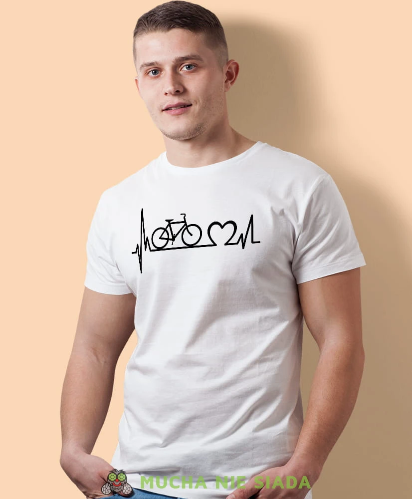 kocham rower bicie serca, biała męska koszulka rowerowa z nadrukiem, na rower, na co dzień, na prezent, fajna koszulka dla chłopaka, rower, rowerzysta.jpg
