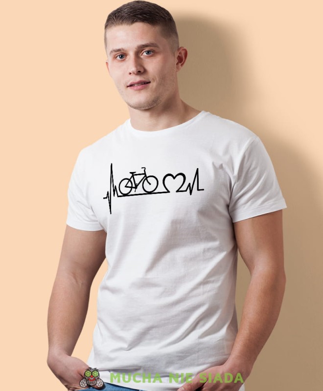 kocham rower bicie serca, biała męska koszulka rowerowa z nadrukiem, na rower, na co dzień, na prezent, fajna koszulka dla chłopaka, rower, rowerzysta.jpg