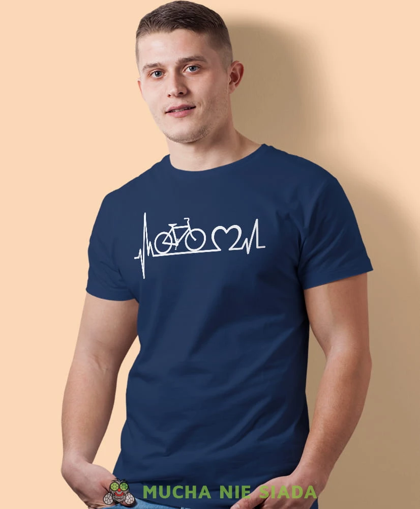 kocham rower bicie serca, granatowa męska koszulka rowerowa z nadrukiem, na rower, na co dzień, na prezent, fajna koszulka dla chłopaka, rower, rowerzysta.jpg